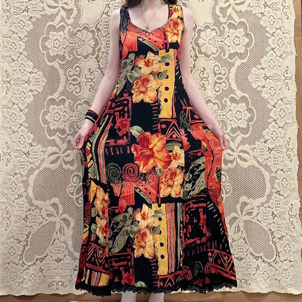Vintage Abstract Tropical Corset-Back 100% Rayon Maxi House Dress Orange & Black
